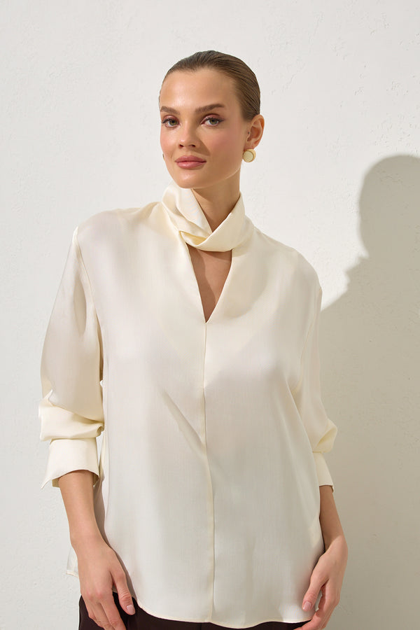 Setre V-Neck And Neck Detailed Relaxed Cut Blouse Cream