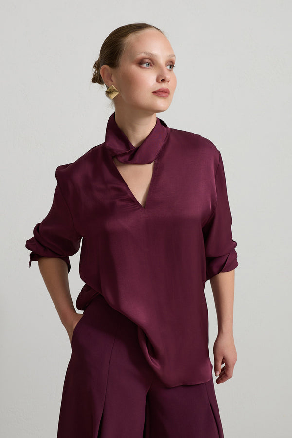 Setre V-Neck And Neck Detailed Relaxed Cut Blouse Burgundy