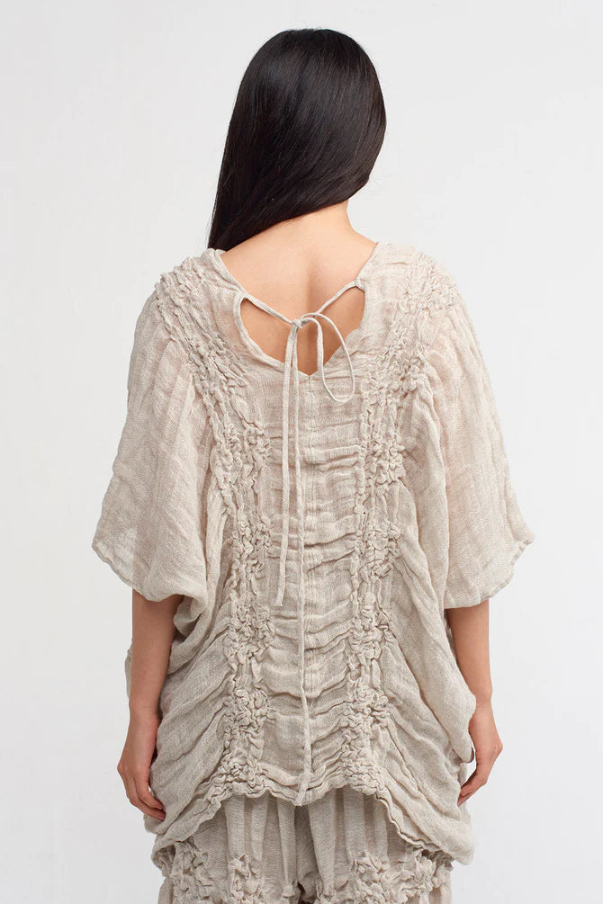 NU Shirred Detail Asymmetrical Blouse Light Grey