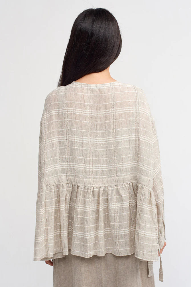 NU Checkered Tiered Hem Blouse Light Grey