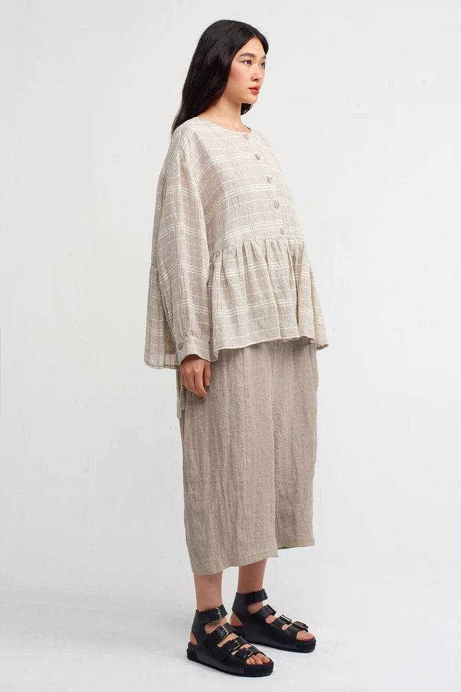 NU Checkered Tiered Hem Blouse Light Grey