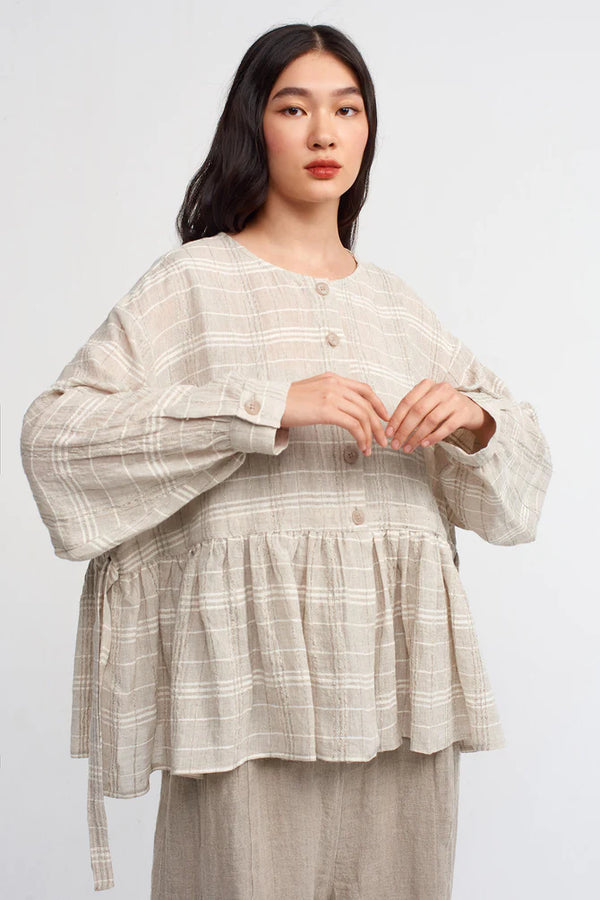 NU Checkered Tiered Hem Blouse Light Grey