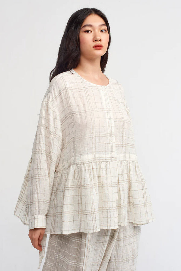 NU Checkered Tiered Hem Blouse Natural