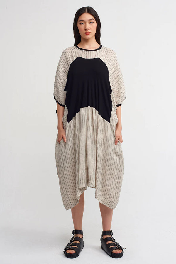 NU Striped With Ribbed Detail Dress Light Grey-Black