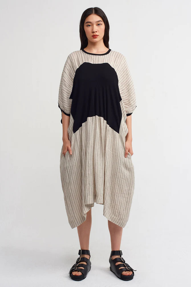 NU Striped With Ribbed Detail Dress Light Grey-Black