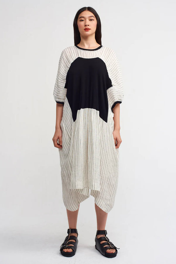 NU Striped With Ribbed Detail Dress Natural/Black