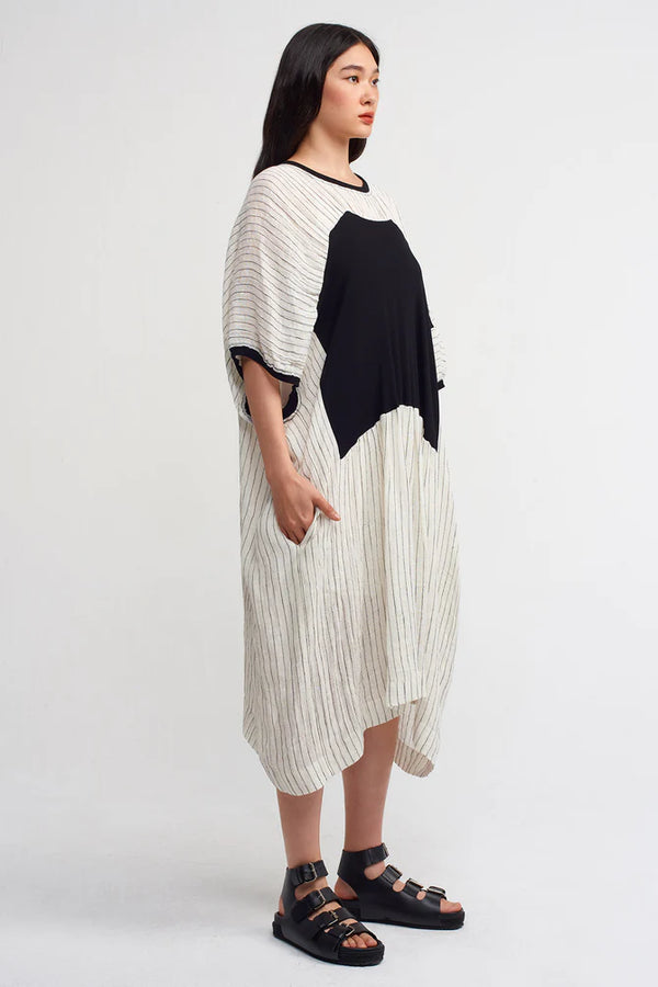 NU Striped With Ribbed Detail Dress Natural/Black