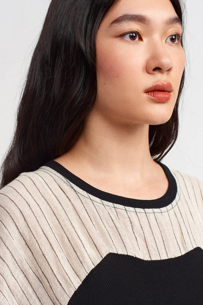 NU Striped With Ribbed Detail Dress Light Grey-Black