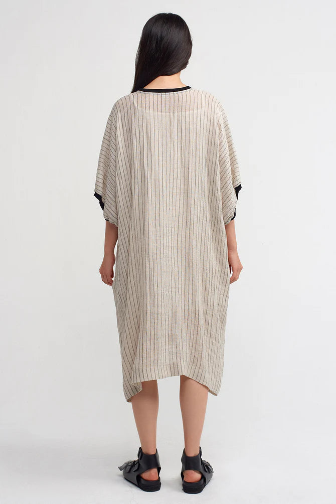 NU Striped With Ribbed Detail Dress Light Grey-Black