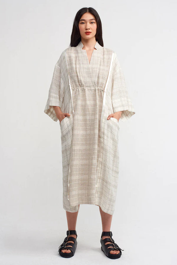 NU Checkered Dress With Adjustable Waist Light Grey