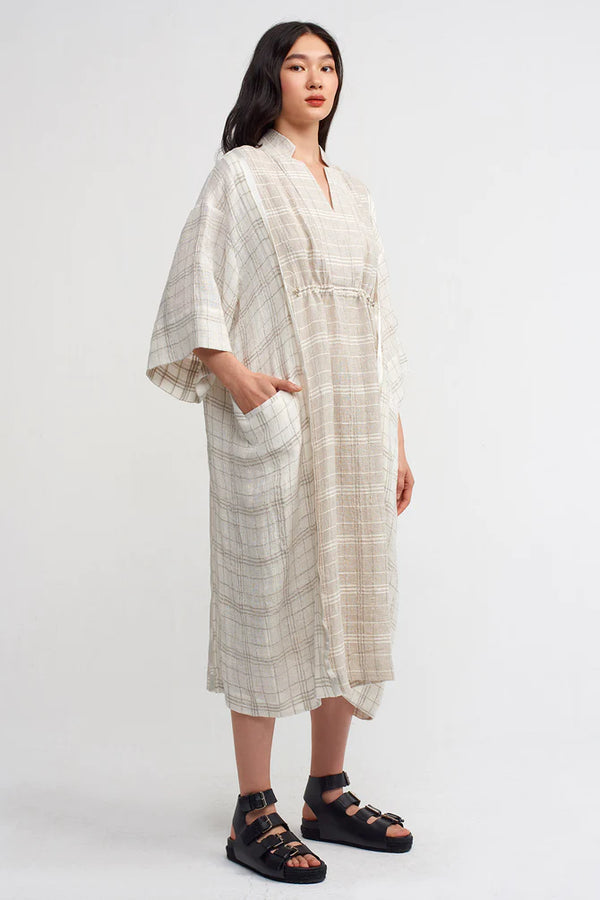 NU Checkered Dress With Adjustable Waist Light Grey