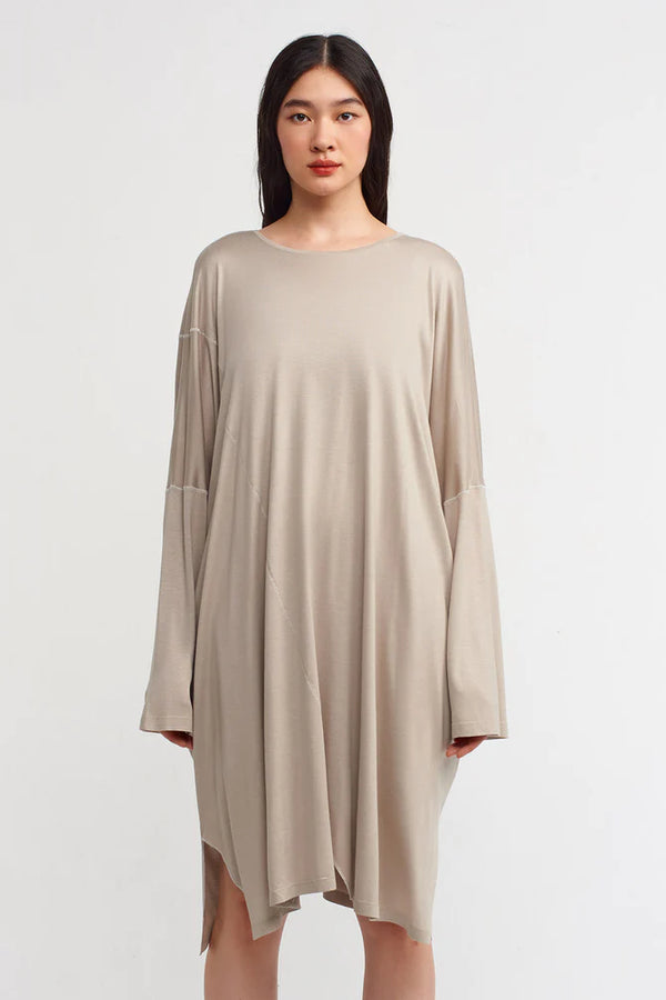 NU Solid Stitched Detail Dress Light Grey