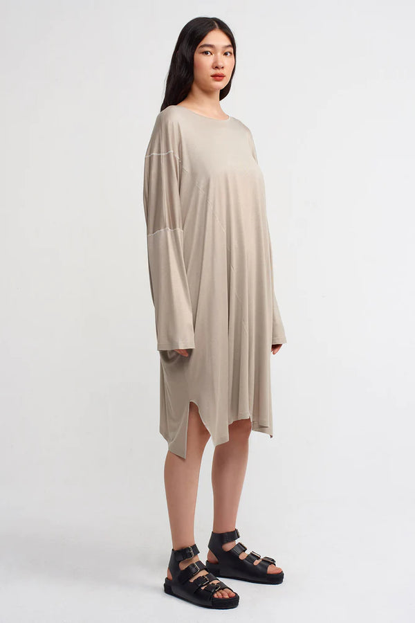 NU Solid Stitched Detail Dress Light Grey