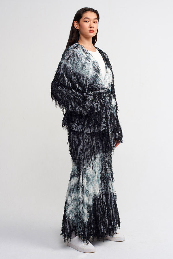 NU Tie Dye Tasseled Kimono Outerwear Black/Offwhite