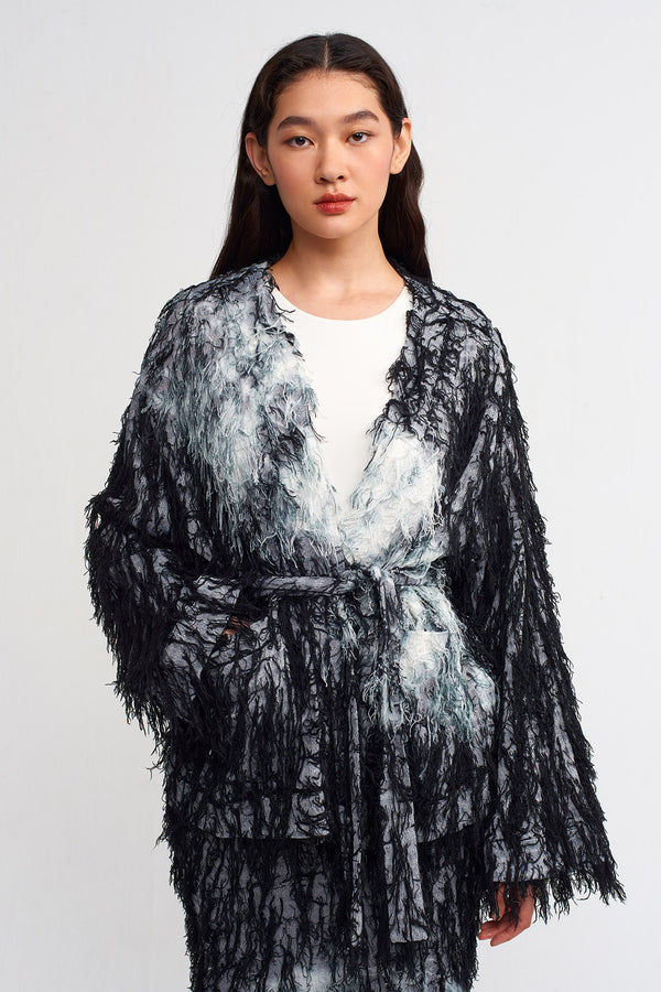 NU Tie Dye Tasseled Kimono Outerwear Black/Offwhite