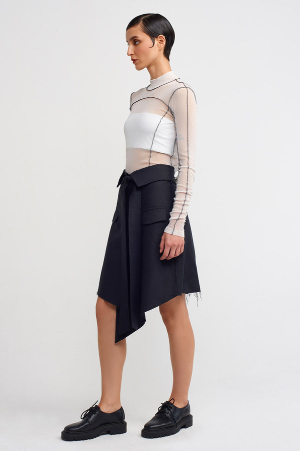 NU Front-Tie Asymmetric Linen Skirt Black