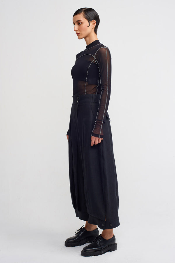 NU Wrap Closure Wide-Leg Linen Trousers Black