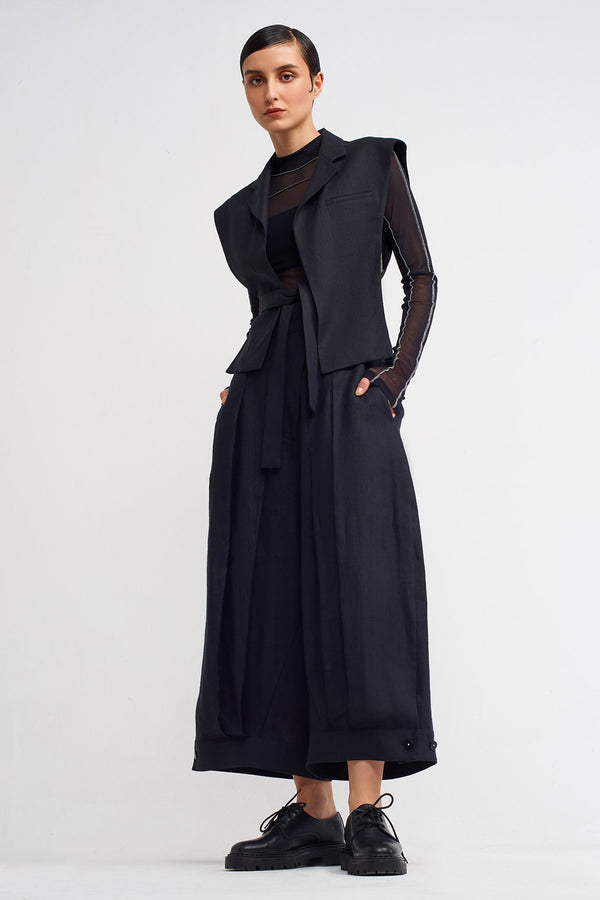 NU Wrap Closure Wide-Leg Linen Trousers Black