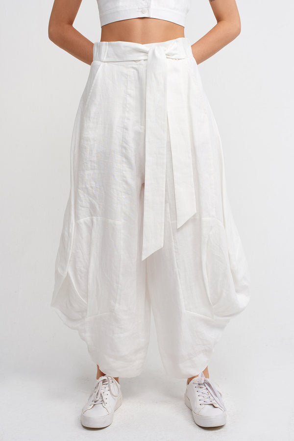 NU High-Waisted Draped Linen Trousers Off White