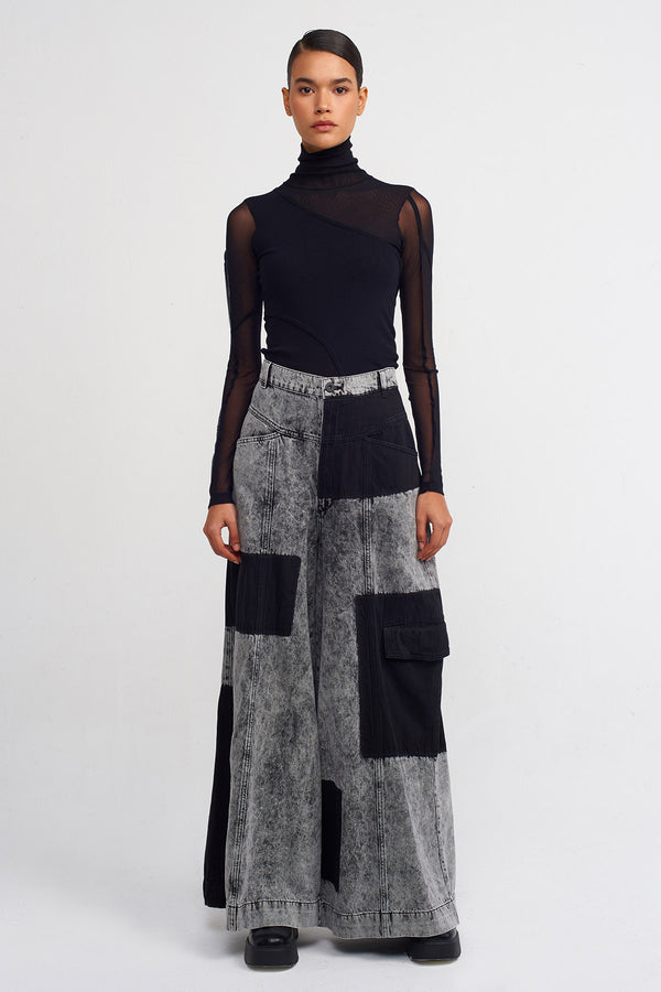 NU Patch Wash Detail Wide Leg Denim Trousers Beige - Black