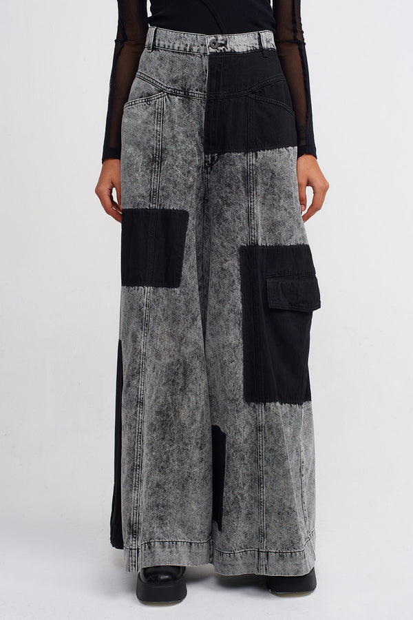 NU Patch Wash Detail Wide Leg Denim Trousers Beige - Black