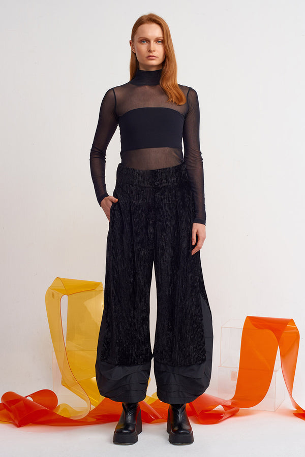 NU Velvet Pleated Trousers With Taffeta Detail Black