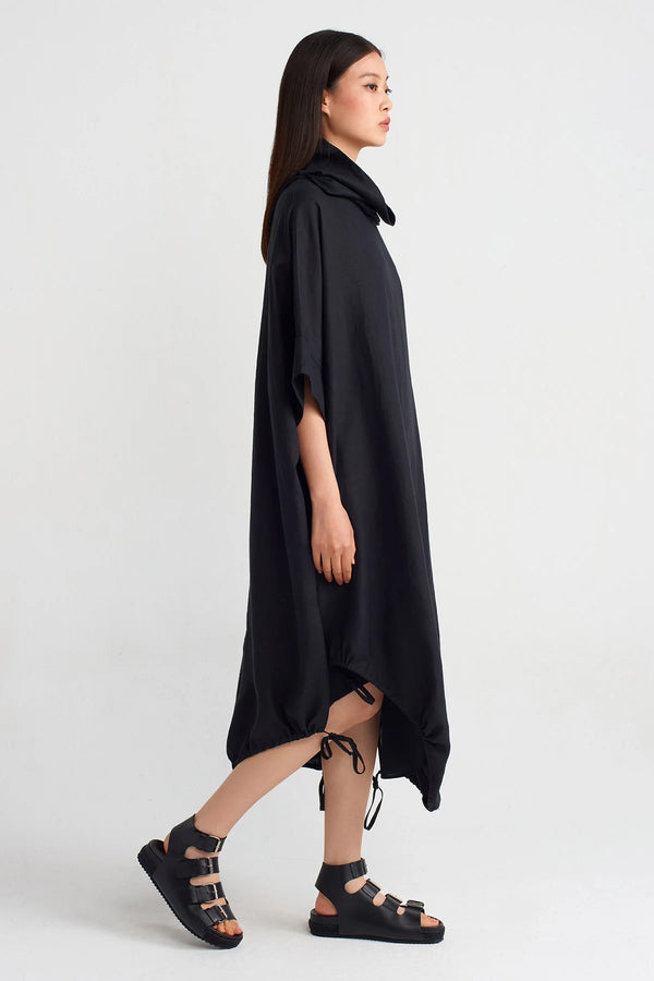 NU Drawstring Hem Midi Linen Dress Black