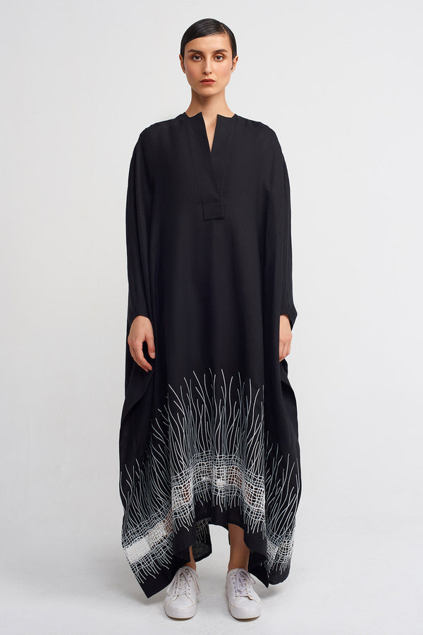NU Embroidered Hem Long Kaftan Dress Black/Offwhite