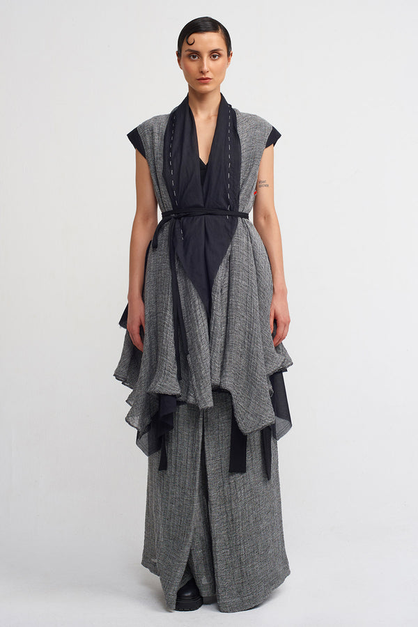 NU Sleeveless, Shawl Collar Linen Jacket With Veil Detail Black & Grey