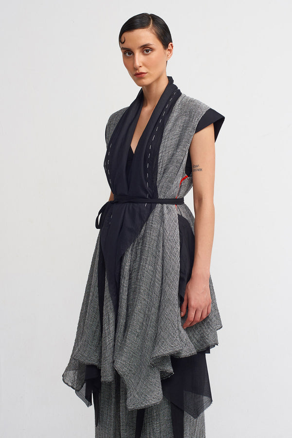 NU Sleeveless, Shawl Collar Linen Jacket With Veil Detail Black & Grey
