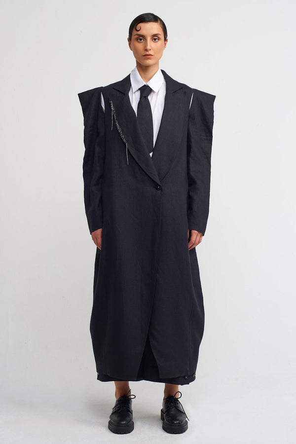 NU Square-Shouldered, Stitch-Detailed Long Linen Jacket Black