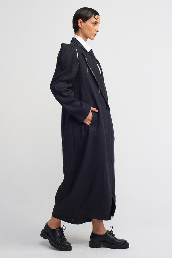 NU Square-Shouldered, Stitch-Detailed Long Linen Jacket Black