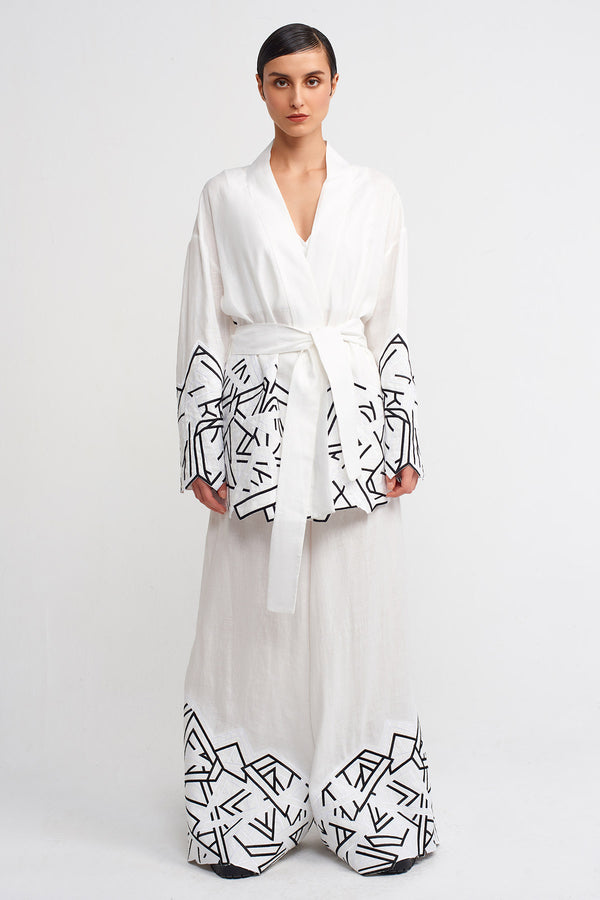 NU Embroidered Short Kimono With Hem Details Off White/Black