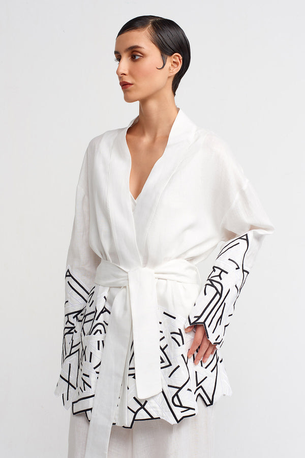 NU Embroidered Short Kimono With Hem Details Off White/Black