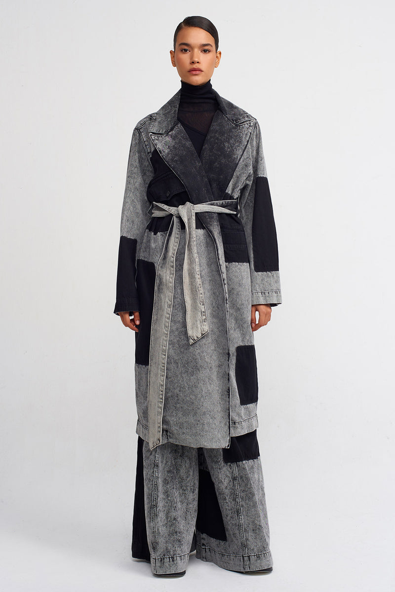 NU Long Denim Jacket With Patch Wash Detail Beige - Black