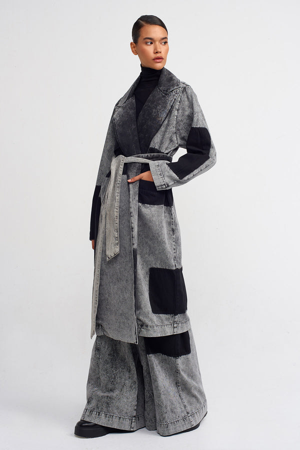 NU Long Denim Jacket With Patch Wash Detail Beige - Black