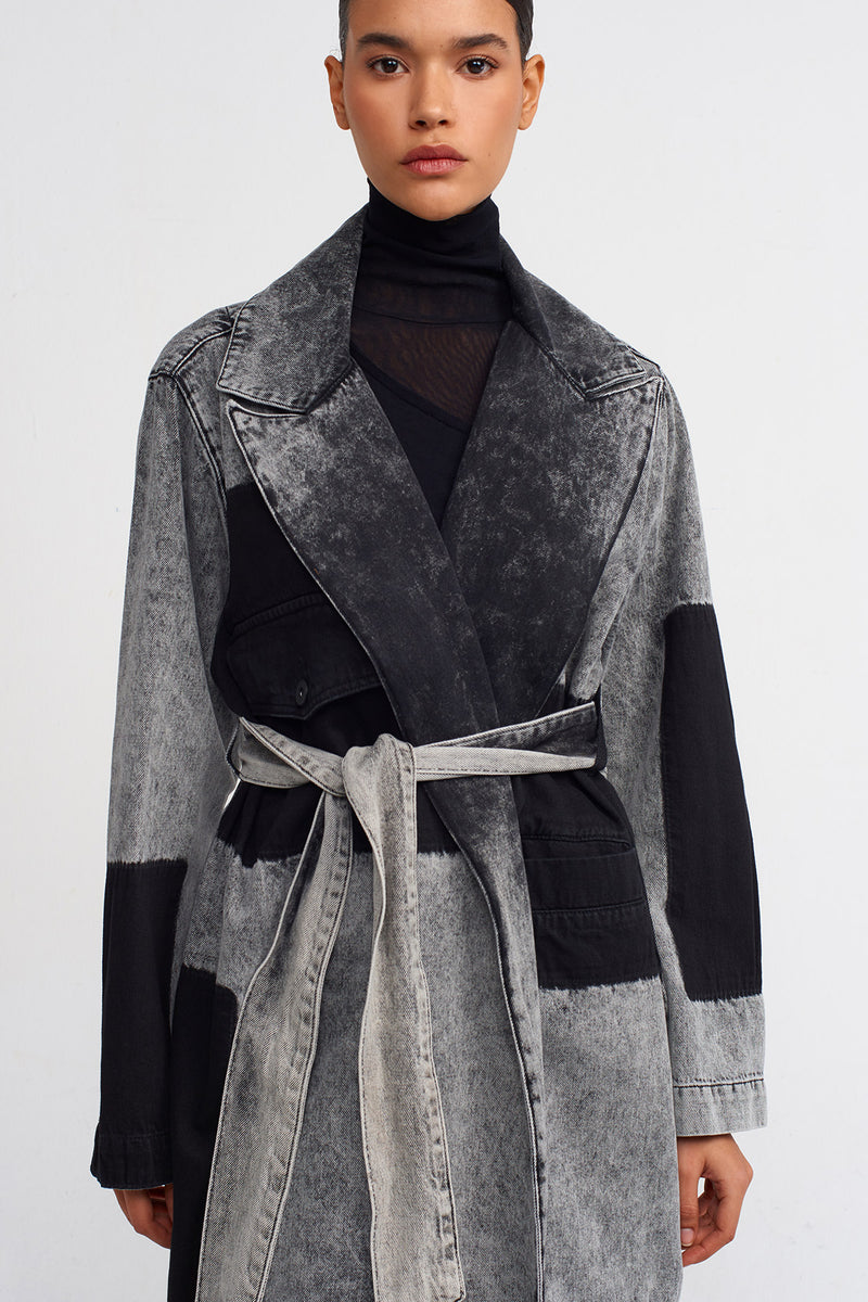 NU Long Denim Jacket With Patch Wash Detail Beige - Black