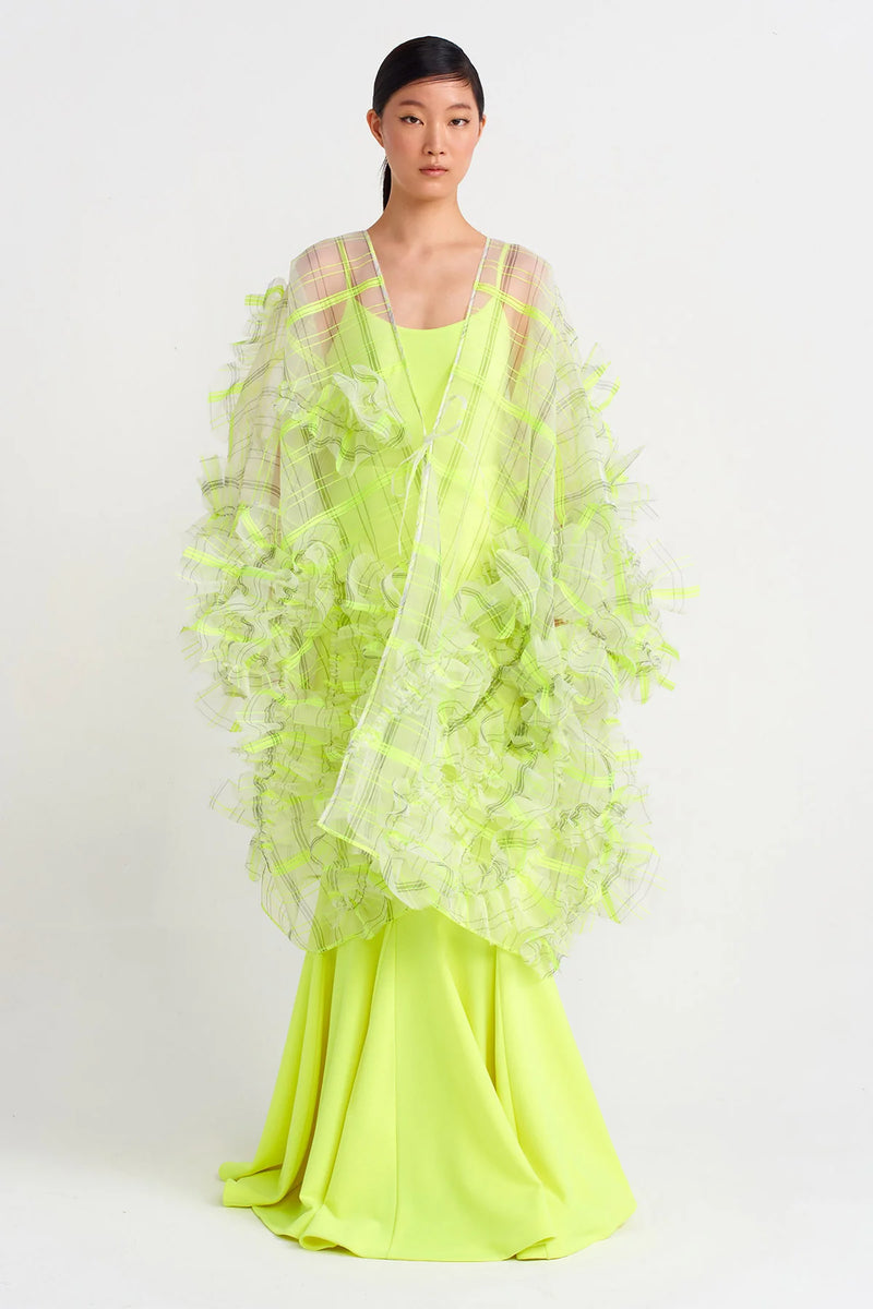 NU Plaid Printed Organza Fluffy Kimono Green
