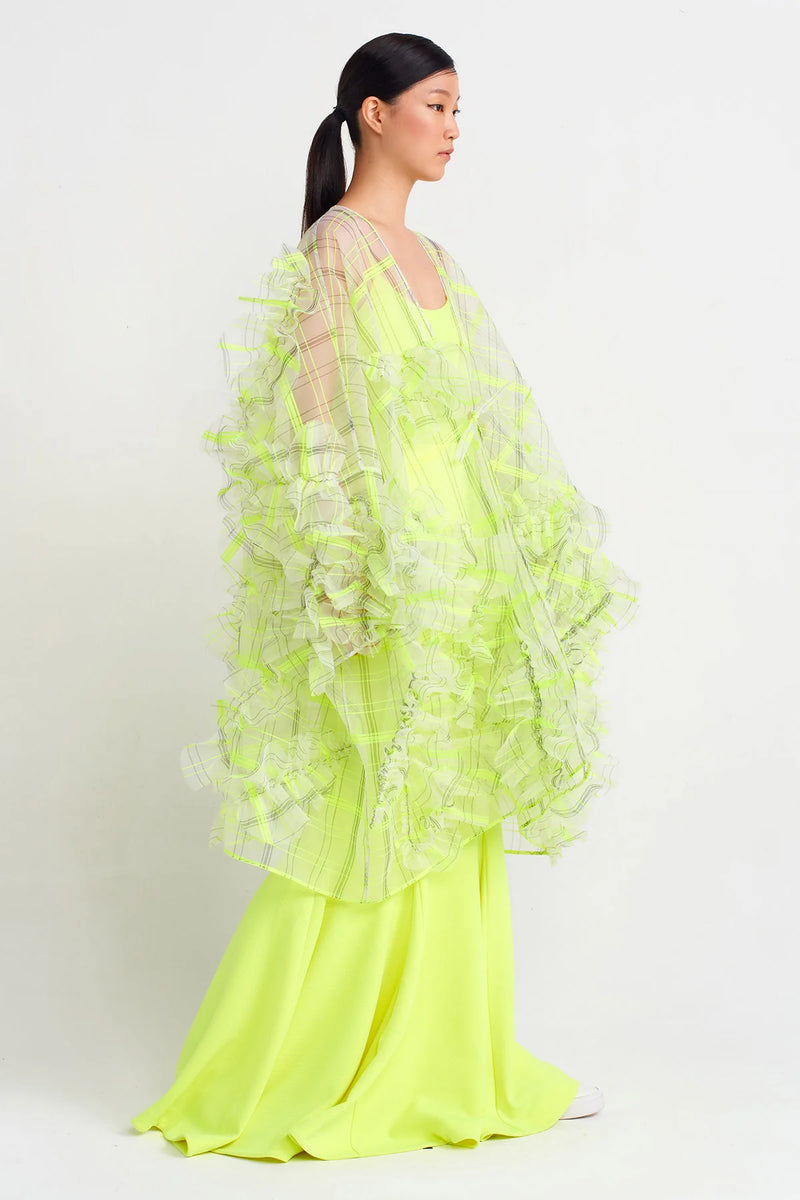 NU Plaid Printed Organza Fluffy Kimono Green