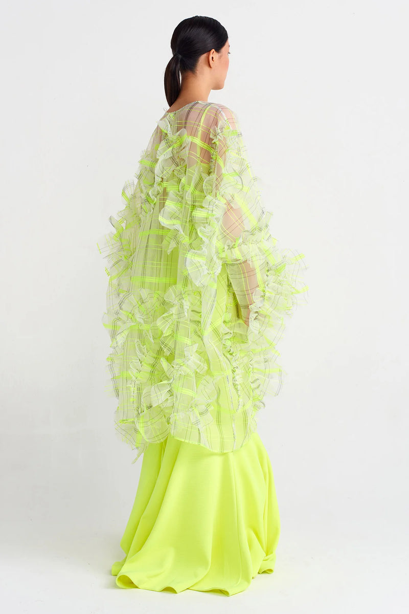 NU Plaid Printed Organza Fluffy Kimono Green