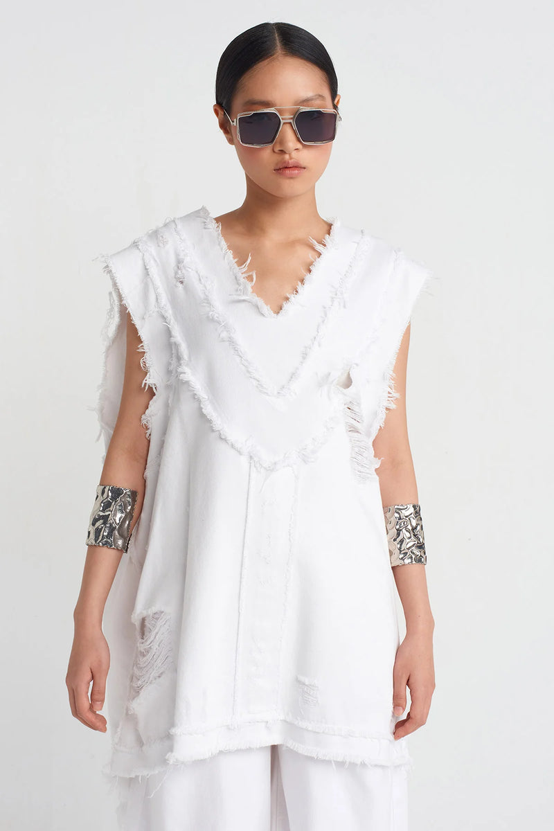 NU V-Neck Denim Blouse Off White