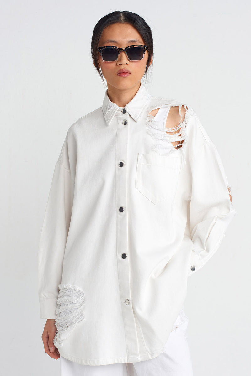 NU Distressed Denim Shirt Off White