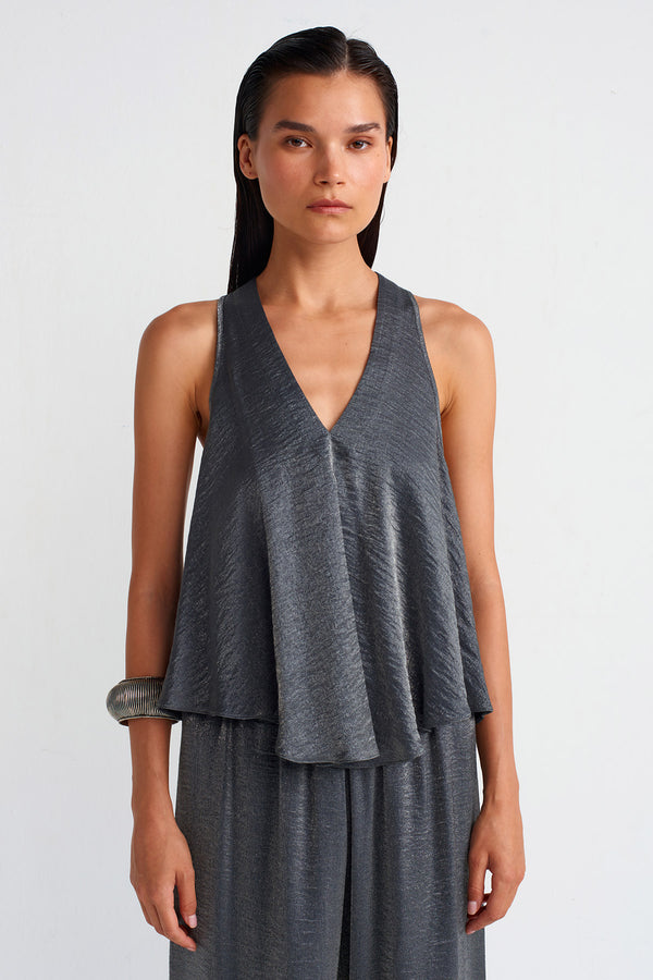NU V-Neck Shiny Fabric, Stylish Blouse Grey