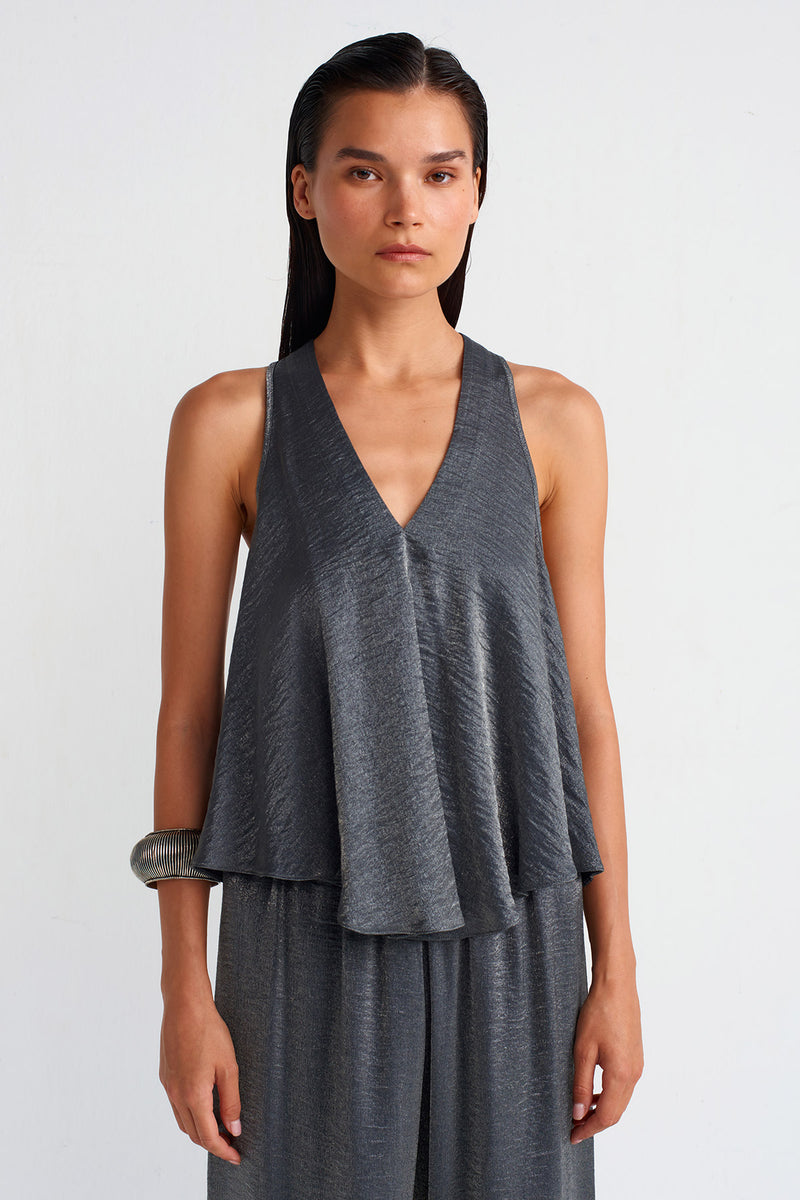NU V-Neck Shiny Fabric, Stylish Blouse Grey