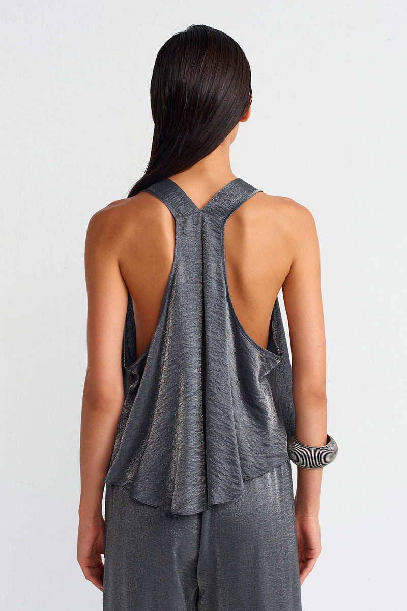 NU V-Neck Shiny Fabric, Stylish Blouse Grey
