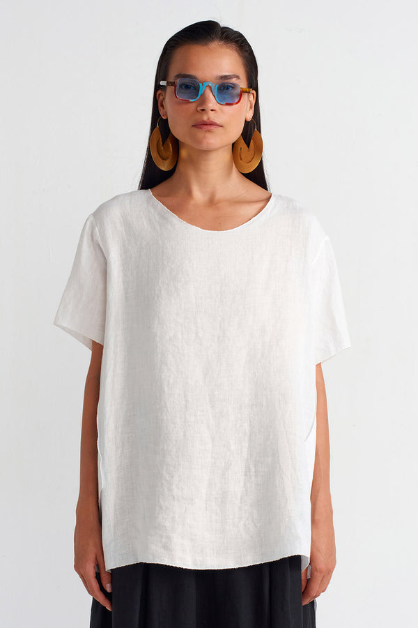 NU Long Back Oversized Linen Blouse Off White