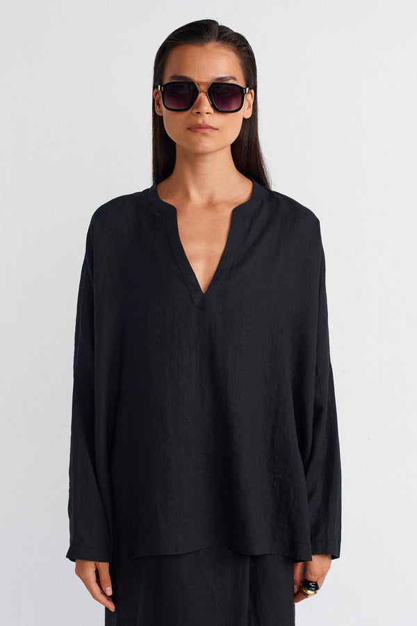 NU V Neck Long Sleeve Linen Blouse Black
