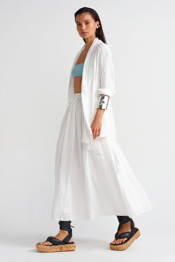 NU Shawl Collar Belted Linen Blouse Off White