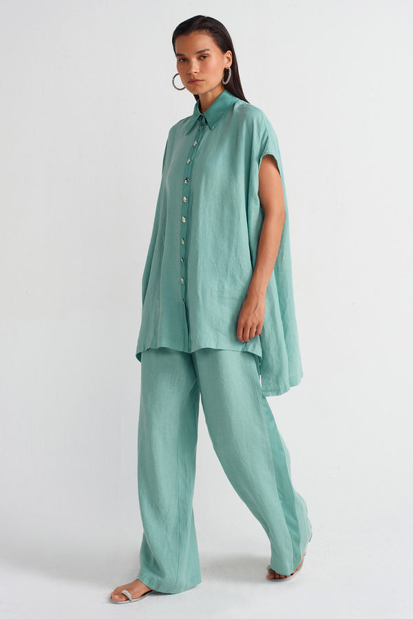 NU Linen Silver Button Shirt Turquoise