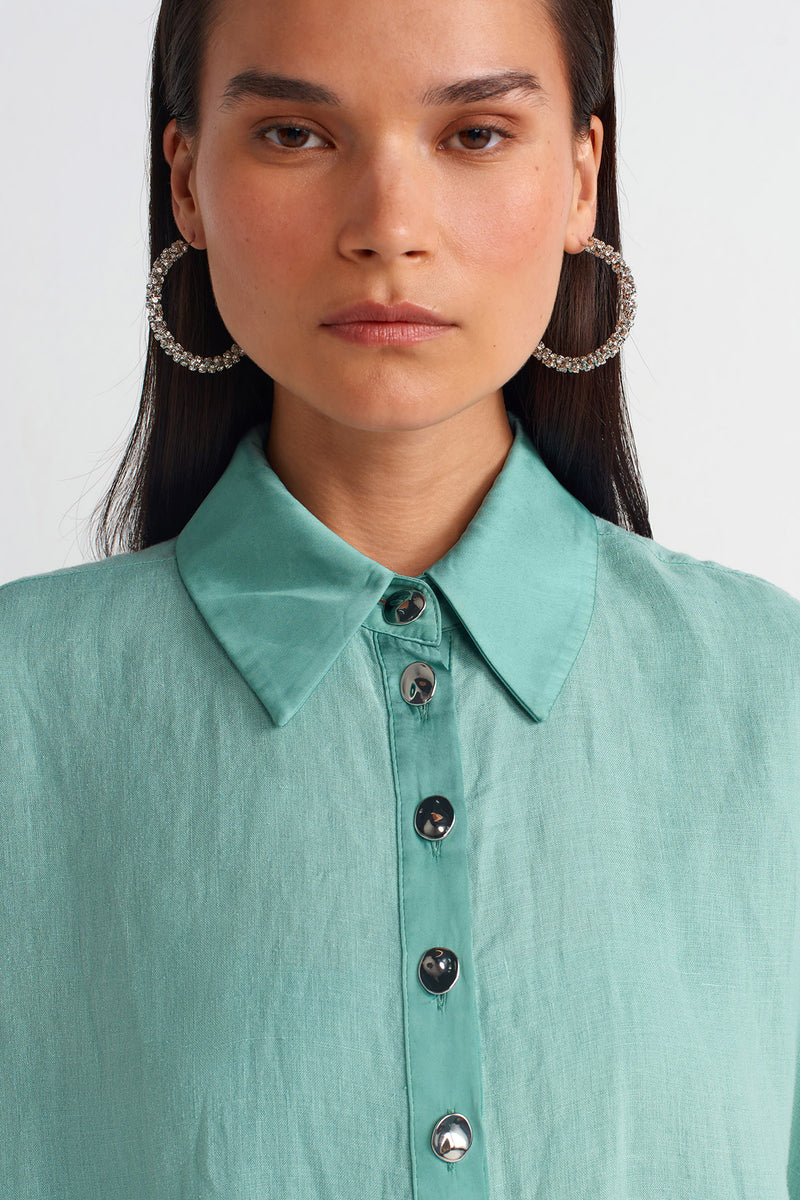 NU Linen Silver Button Shirt Turquoise